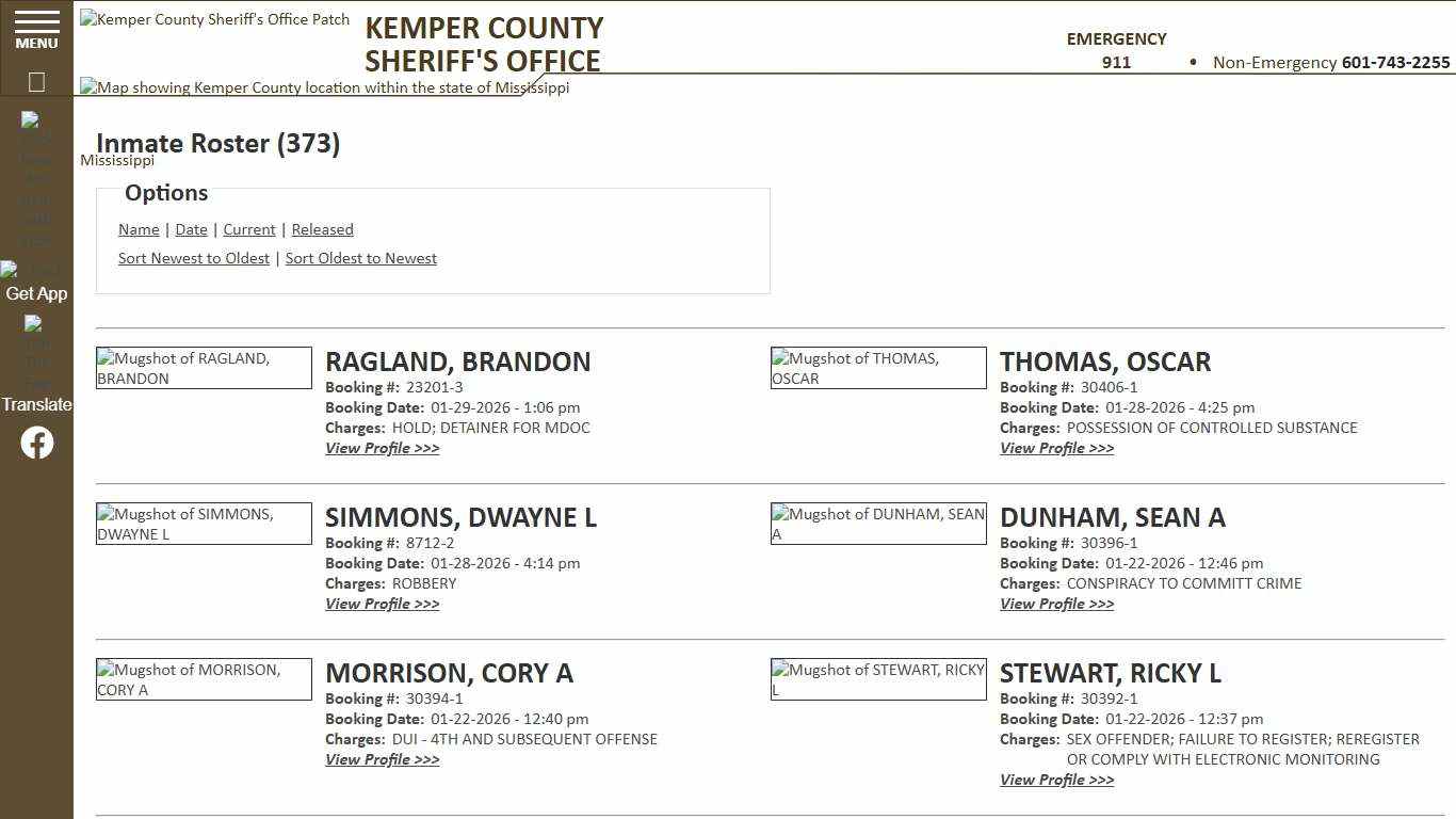 Inmate Roster - Current Inmates Booking Date Descending - Kemper County Sheriff MS